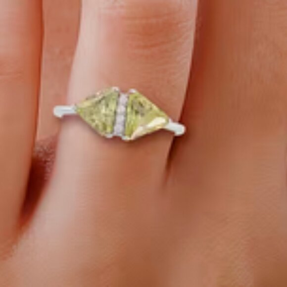 STERLING SILVER Simulated Peridot and White Diamond Ring in Rhodium Over 925 - Picture 2 of 4